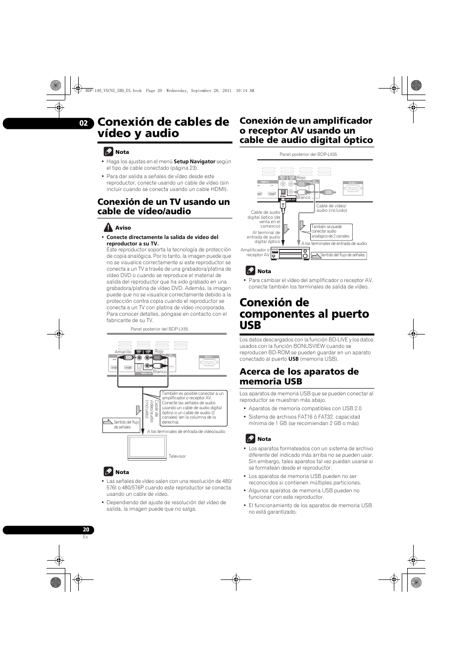 Conexión de cables de vídeo y audio, Conexión de componentes al puerto usb, Acerca de los aparatos de memoria usb | Conexión de un tv usando un cable de vídeo/audio | Pioneer BDP-140 User Manual | Page 266 / 308