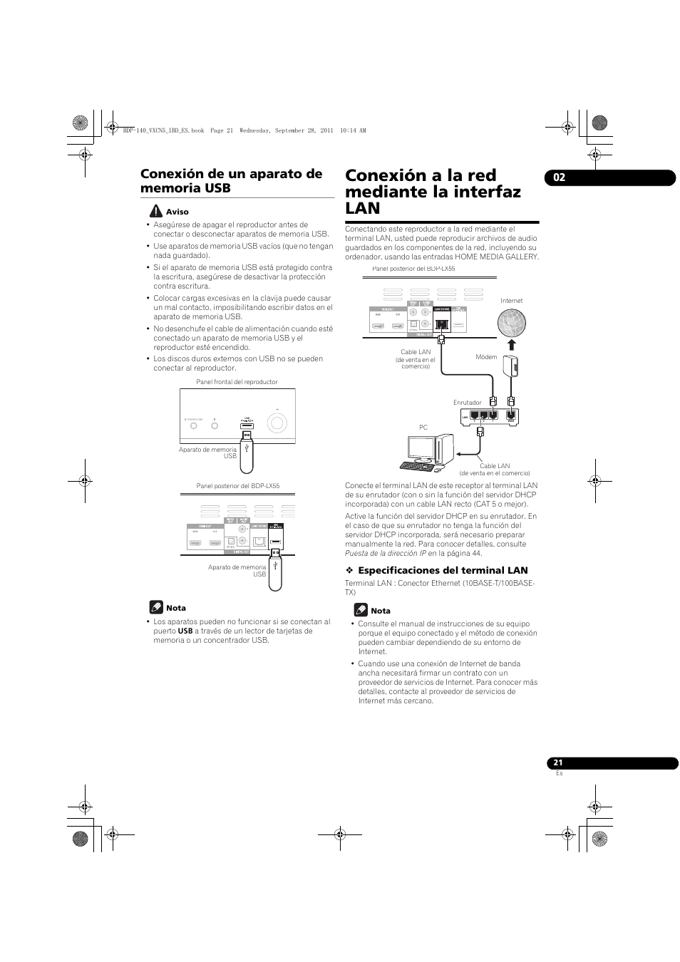 Conexión de un aparato de memoria usb, Conexión a la red mediante la interfaz lan | Pioneer BDP-140 User Manual | Page 267 / 308
