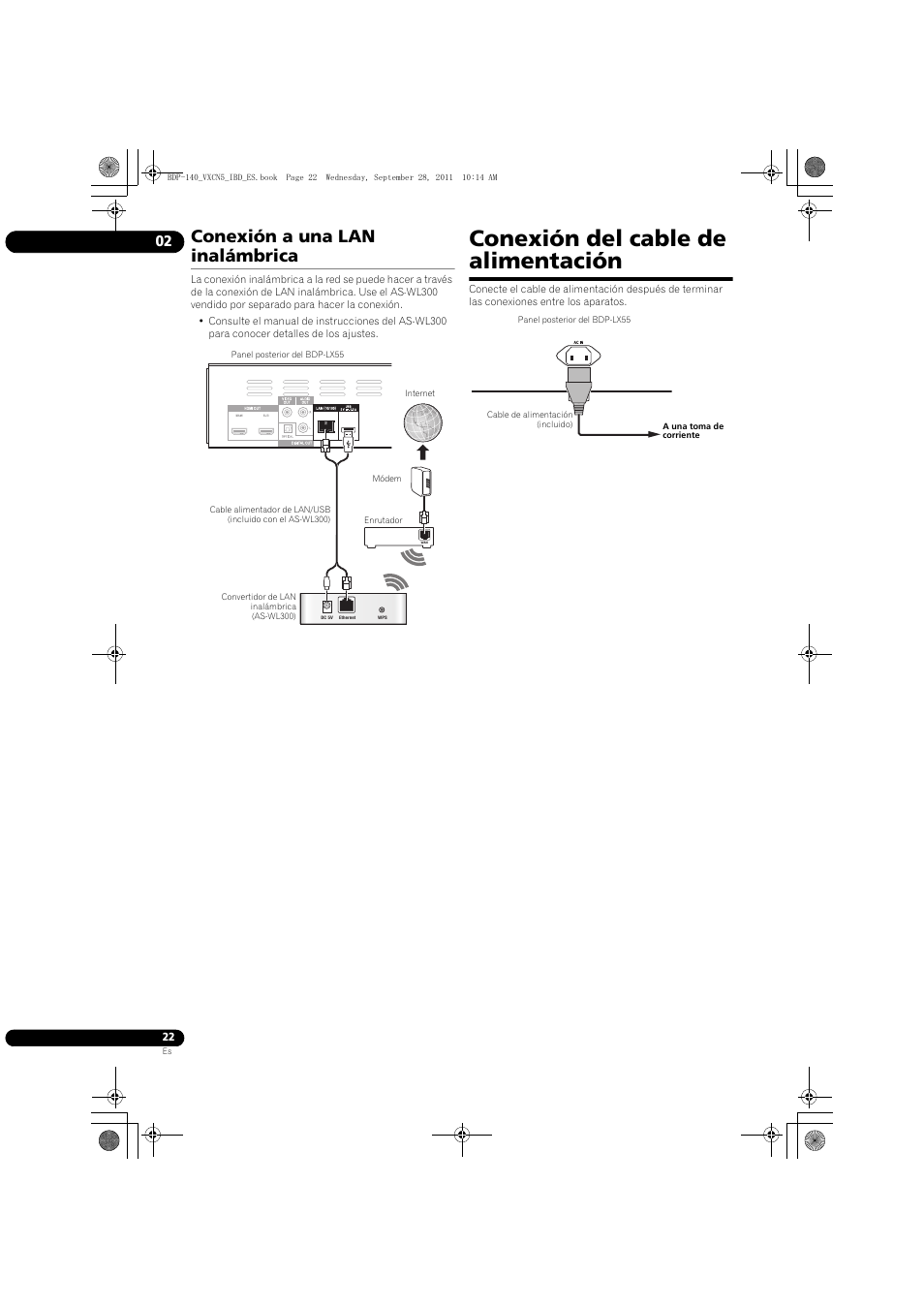 Conexión a una lan inalámbrica, Conexión del cable de alimentación | Pioneer BDP-140 User Manual | Page 268 / 308