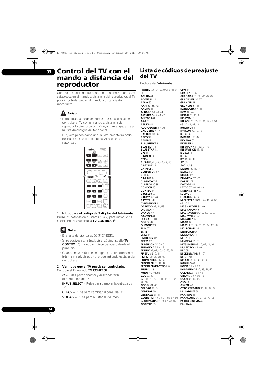 Lista de códigos de preajuste del tv | Pioneer BDP-140 User Manual | Page 270 / 308