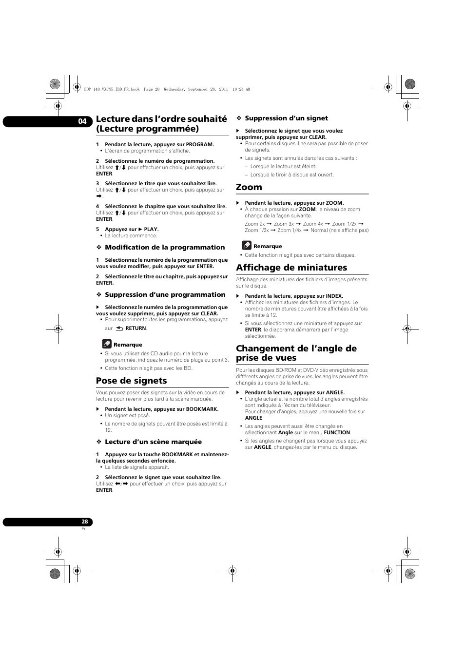 Lecture dans l’ordre souhaité (lecture programmée), Pose de signets, Zoom | Affichage de miniatures, Changement de l’angle de prise de vues | Pioneer BDP-140 User Manual | Page 28 / 308