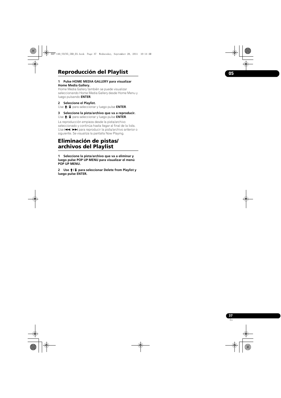 Reproducción del playlist, Eliminación de pistas/ archivos del playlist | Pioneer BDP-140 User Manual | Page 283 / 308
