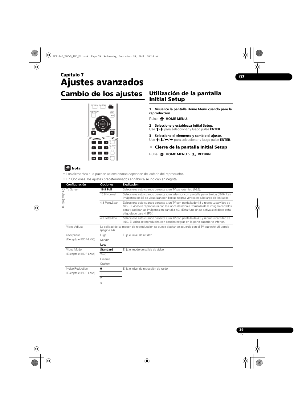 Cambio de los ajustes, Utilización de la pantalla initial setup, Ajustes avanzados | 07 capítulo 7 | Pioneer BDP-140 User Manual | Page 285 / 308