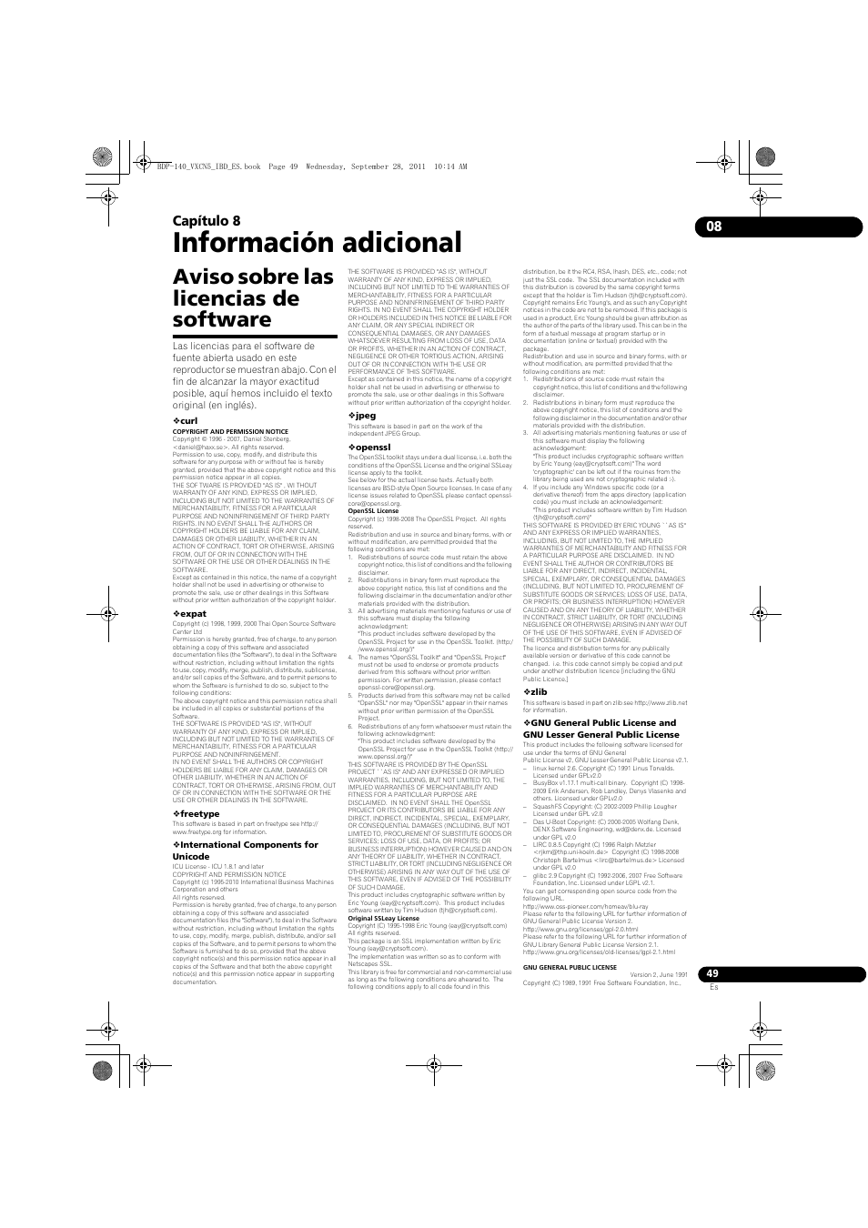 Aviso sobre las licencias de software, Información adicional, 08 capítulo 8 | Pioneer BDP-140 User Manual | Page 295 / 308