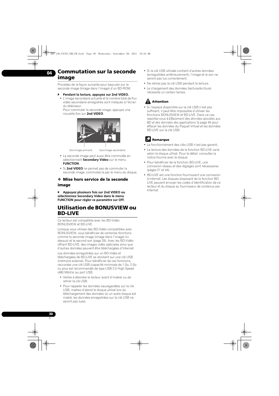 Commutation sur la seconde image, Utilisation de bonusview ou bd-live | Pioneer BDP-140 User Manual | Page 30 / 308