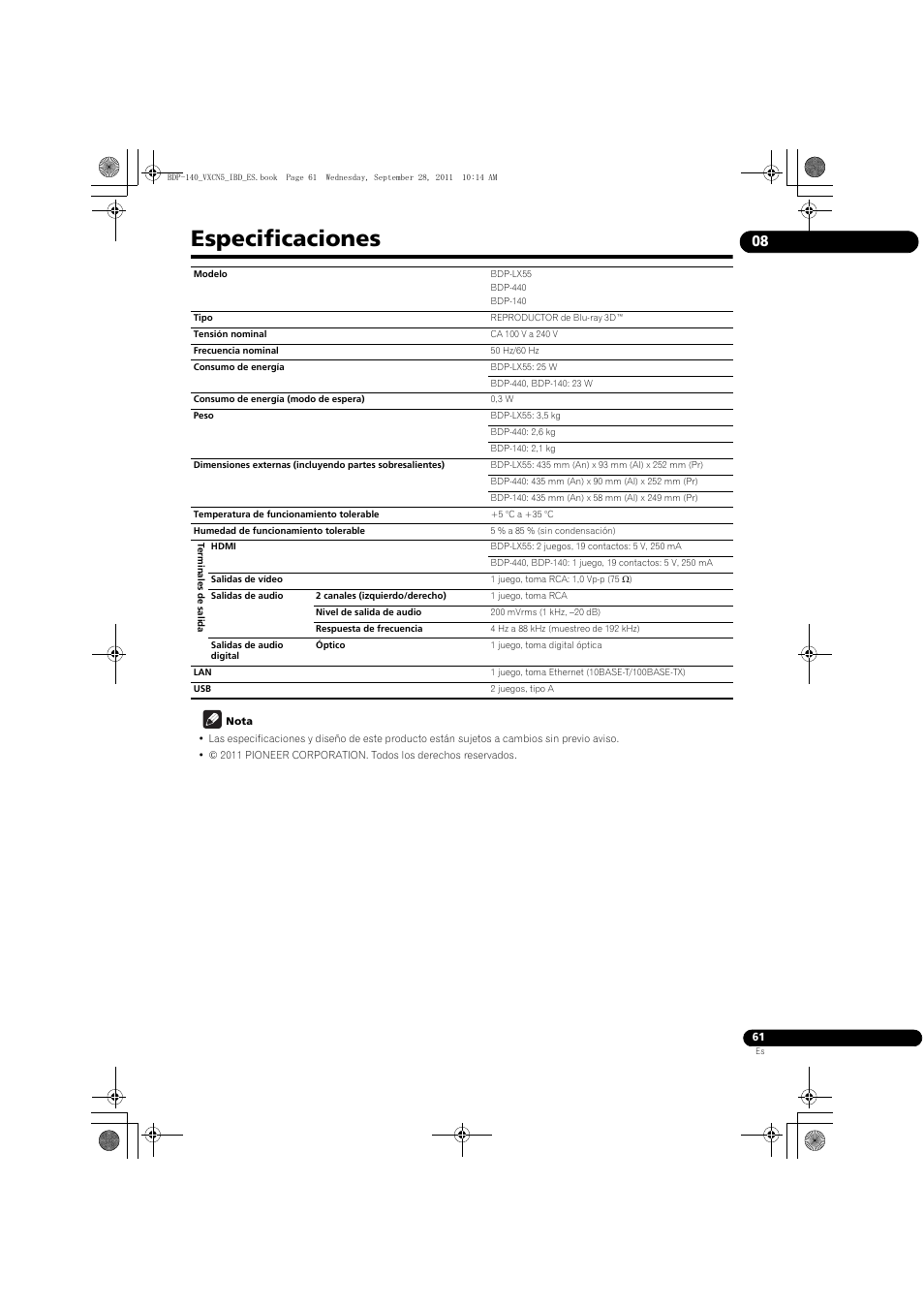 Especificaciones | Pioneer BDP-140 User Manual | Page 307 / 308