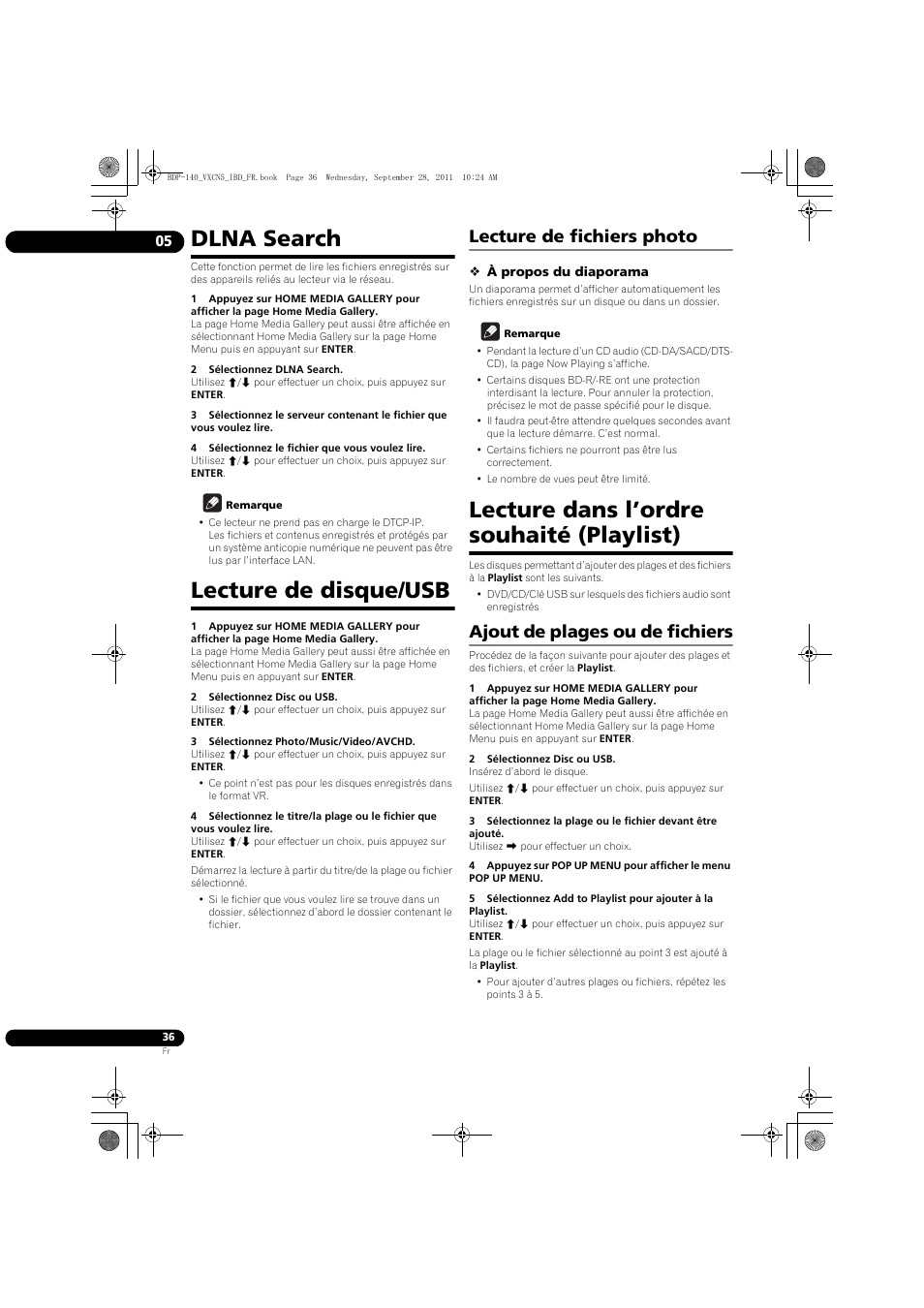 Dlna search lecture de disque/usb, Lecture de fichiers photo, Lecture dans l’ordre souhaité (playlist) | Ajout de plages ou de fichiers, Dlna search, Lecture de disque/usb | Pioneer BDP-140 User Manual | Page 36 / 308