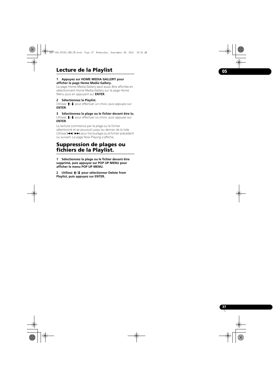 Lecture de la playlist, Suppression de plages ou fichiers de la playlist | Pioneer BDP-140 User Manual | Page 37 / 308