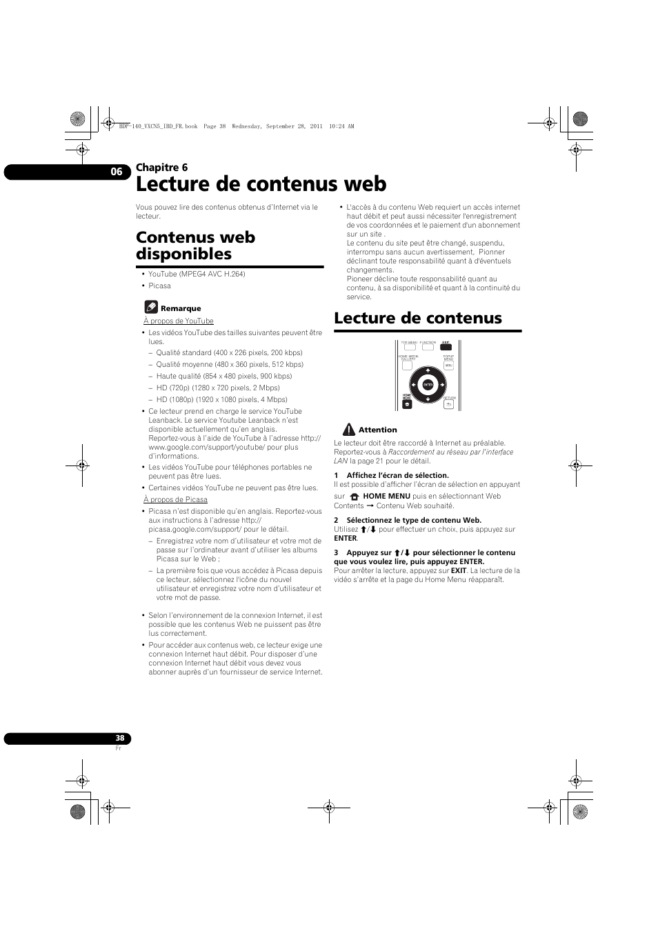 Contenus web disponibles lecture de contenus, Lecture de contenus web, Contenus web disponibles | Lecture de contenus, Chapitre 6 | Pioneer BDP-140 User Manual | Page 38 / 308