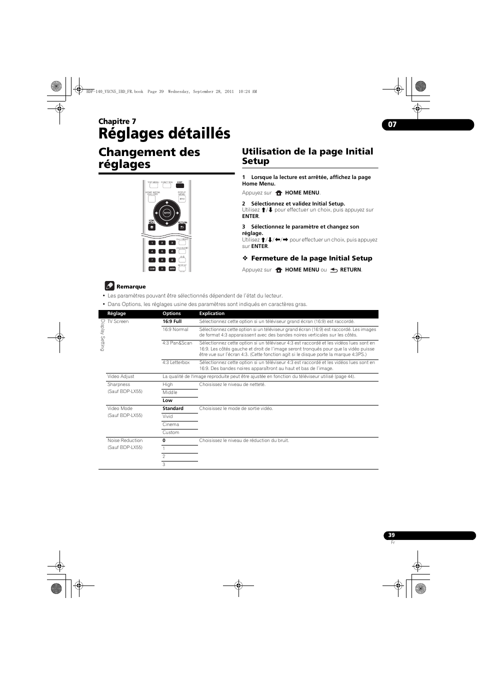 Changement des réglages, Réglages détaillés, Utilisation de la page initial setup | 07 chapitre 7 | Pioneer BDP-140 User Manual | Page 39 / 308