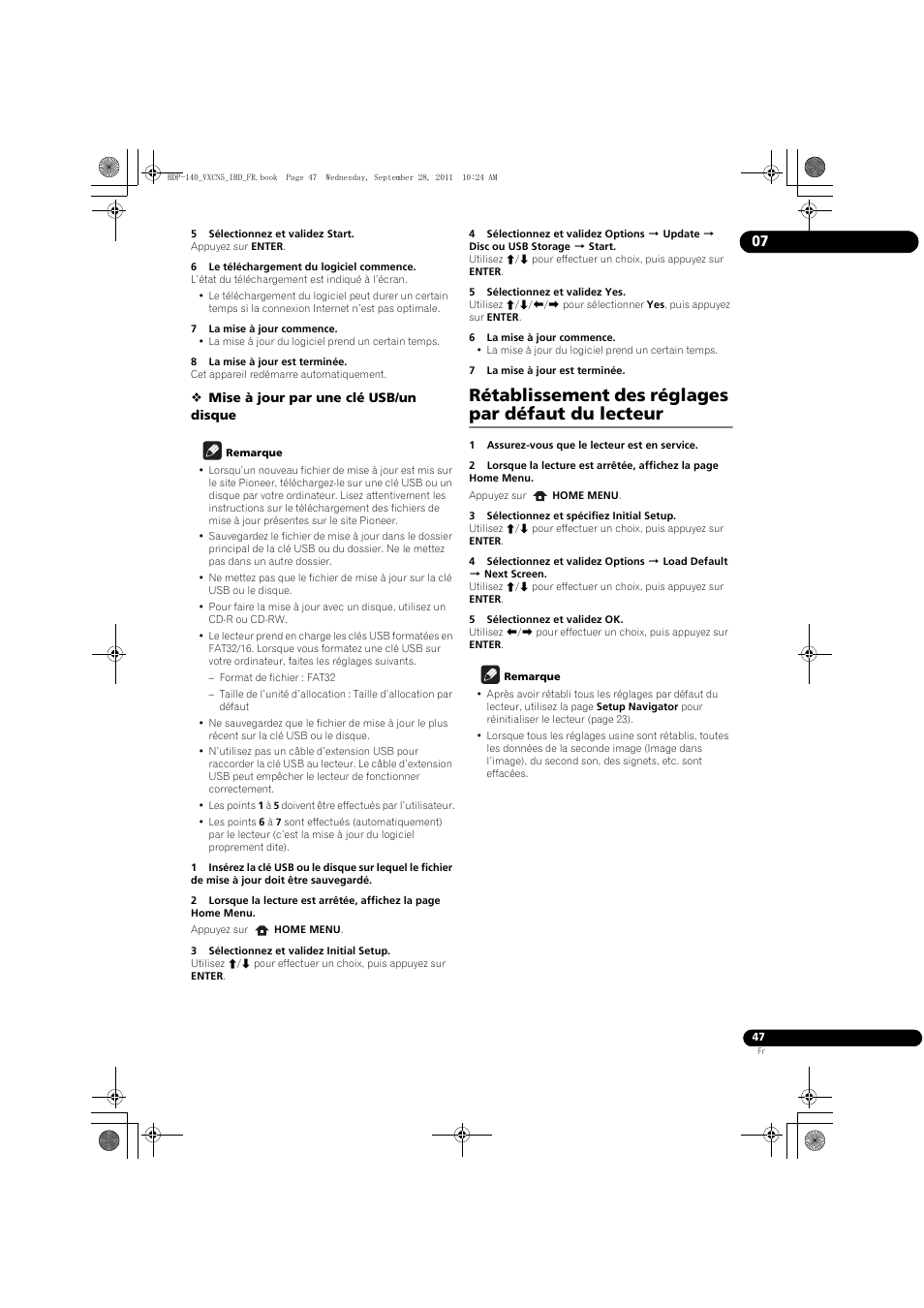 Rétablissement des réglages par défaut du lecteur | Pioneer BDP-140 User Manual | Page 47 / 308