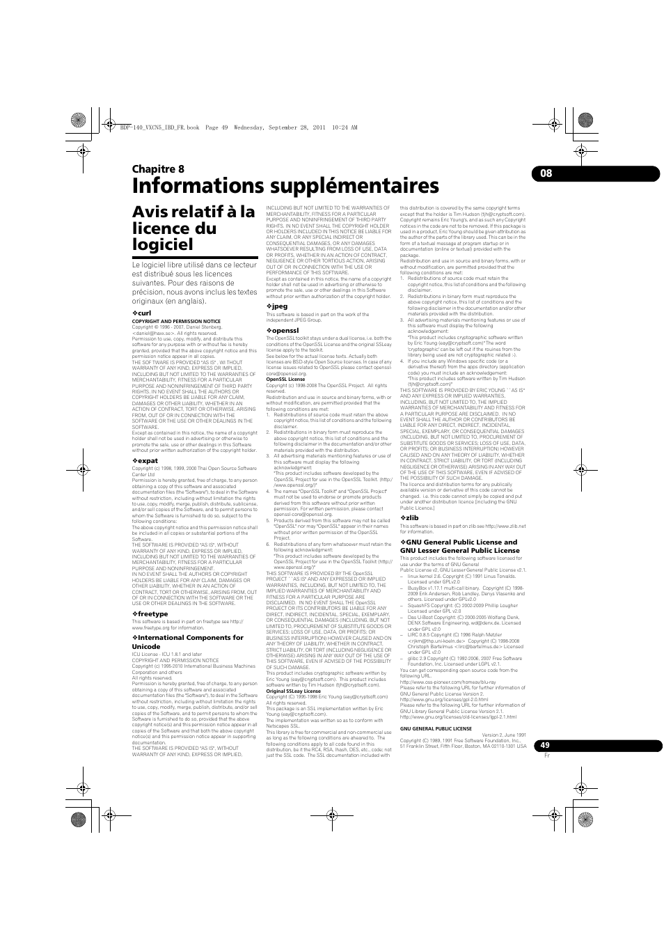 Avis relatif à la licence du logiciel, Informations supplémentaires, 08 chapitre 8 | Pioneer BDP-140 User Manual | Page 49 / 308