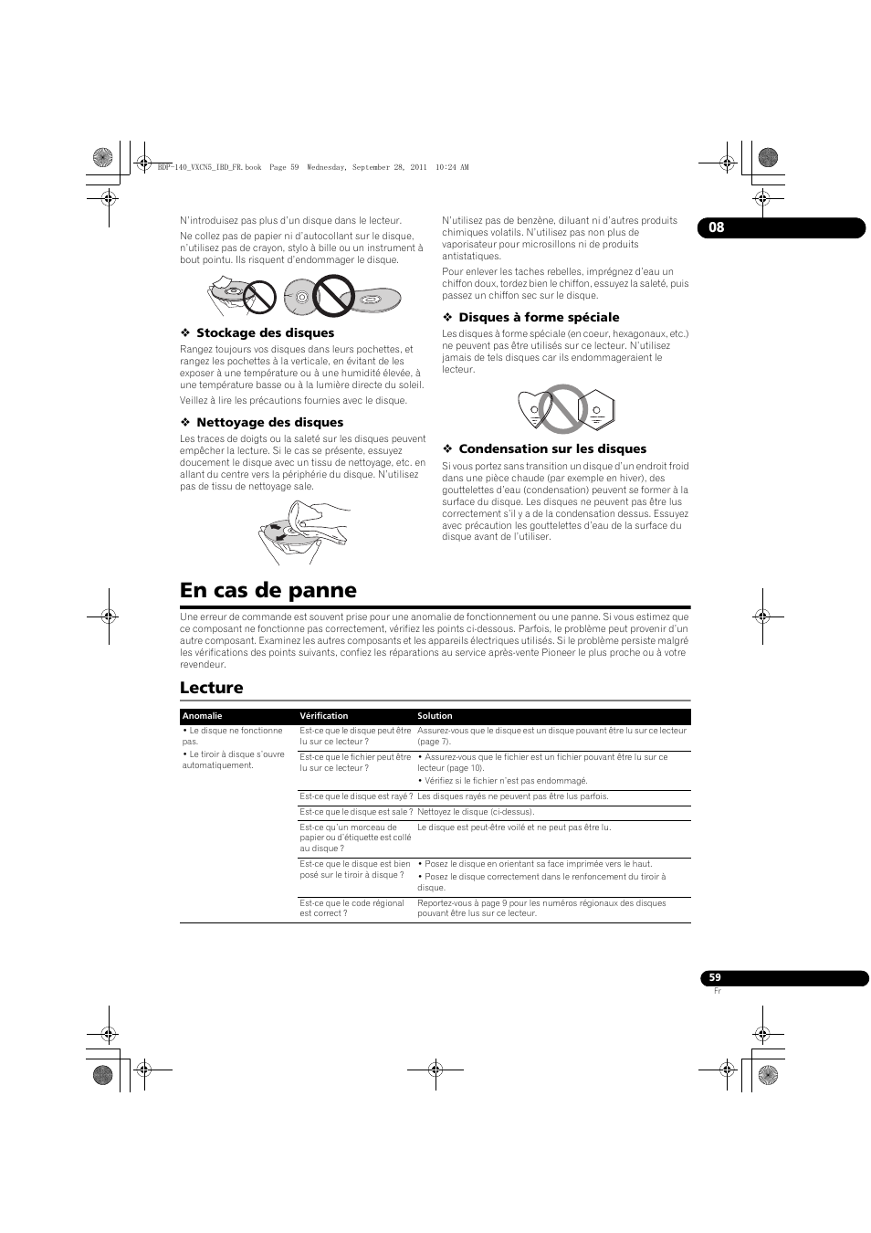 En cas de panne, Lecture | Pioneer BDP-140 User Manual | Page 59 / 308