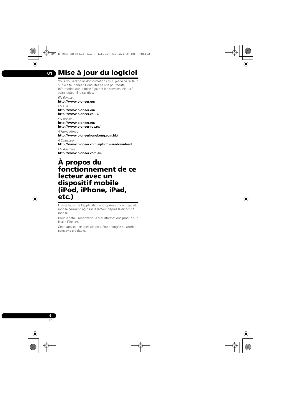 Mise à jour du logiciel | Pioneer BDP-140 User Manual | Page 6 / 308