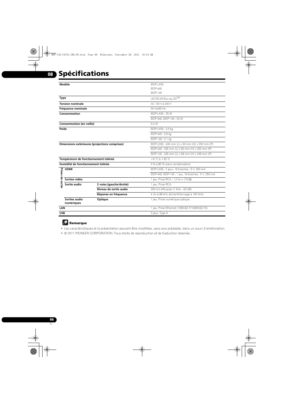 Spécifications | Pioneer BDP-140 User Manual | Page 66 / 308