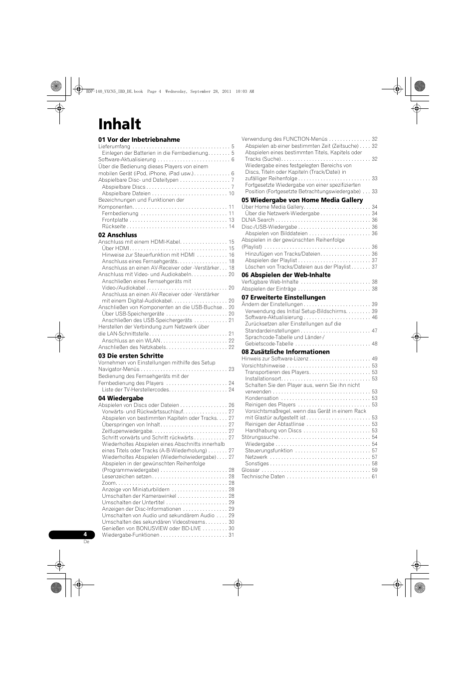 Ungsanleitung | istr, Blu-ray 3d™ spieler, Inhalt | Pioneer BDP-140 User Manual | Page 70 / 308