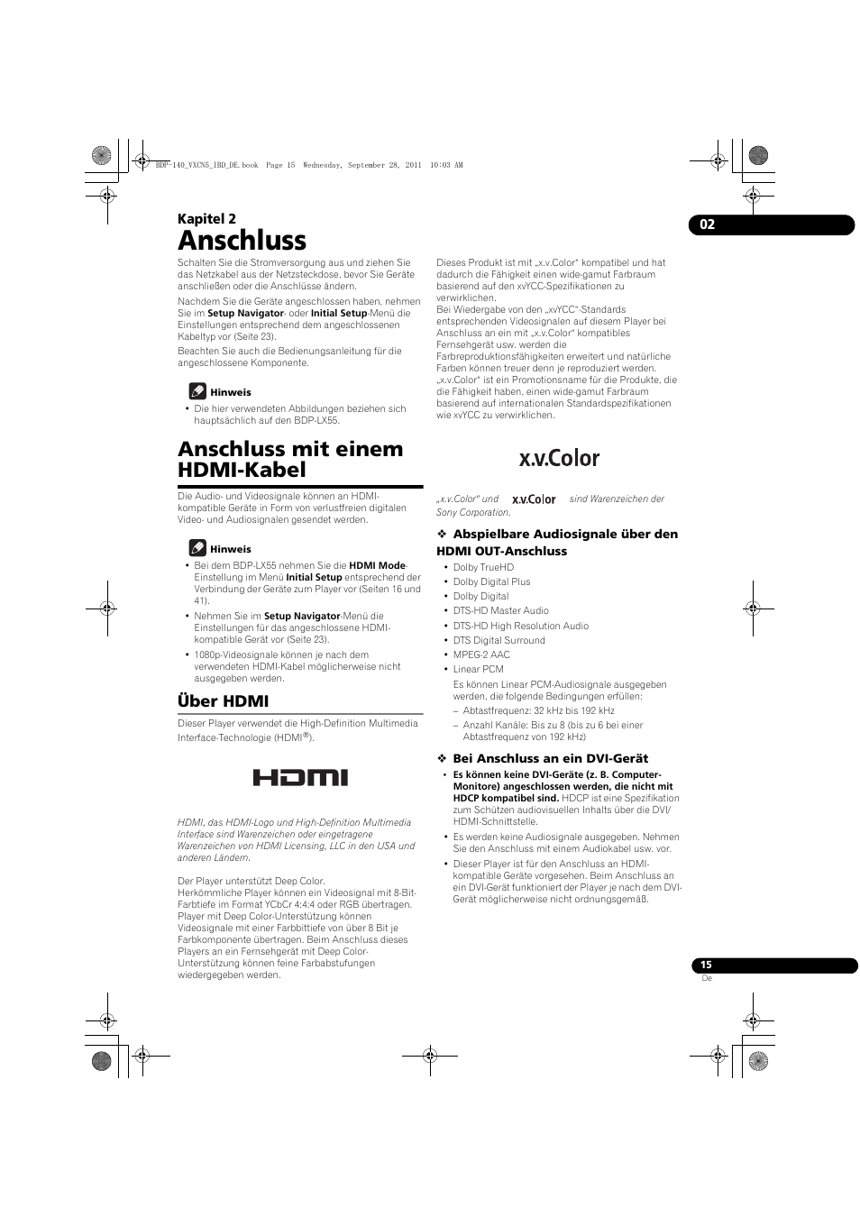 Anschluss mit einem hdmi-kabel, Über hdmi, Anschluss | 02 kapitel 2 | Pioneer BDP-140 User Manual | Page 81 / 308