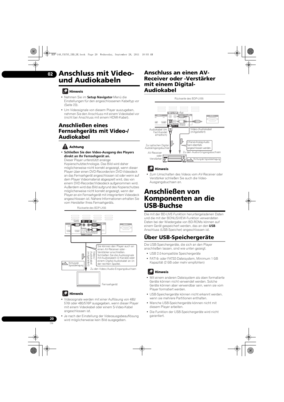 Anschluss mit video- und audiokabeln, Anschließen von komponenten an die usb-buchse, Über usb-speichergeräte | Pioneer BDP-140 User Manual | Page 86 / 308