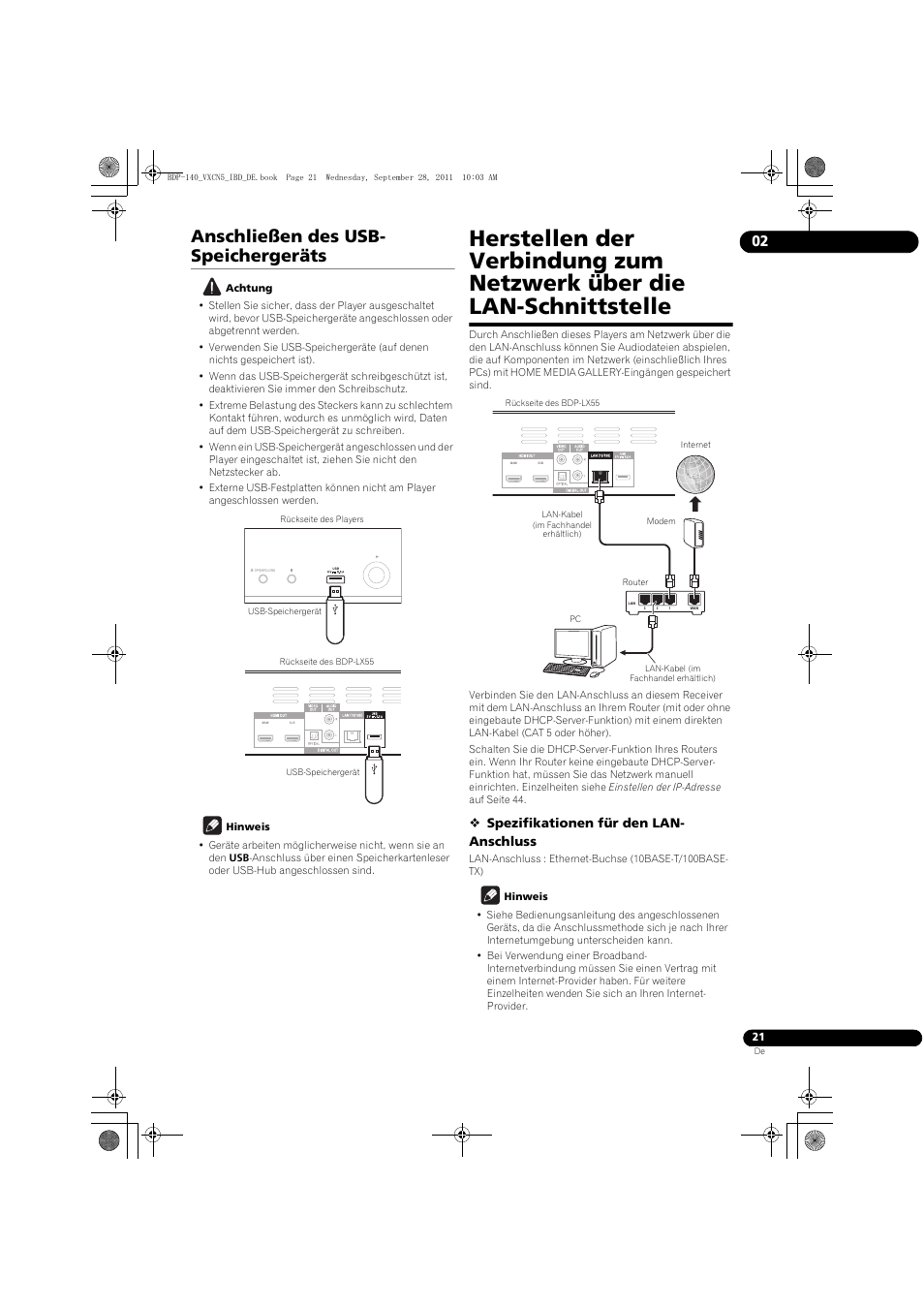 Anschließen des usb-speichergeräts, Anschließen des usb- speichergeräts | Pioneer BDP-140 User Manual | Page 87 / 308