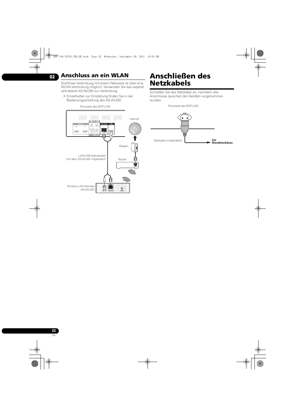 Anschluss an ein wlan, Anschließen des netzkabels | Pioneer BDP-140 User Manual | Page 88 / 308