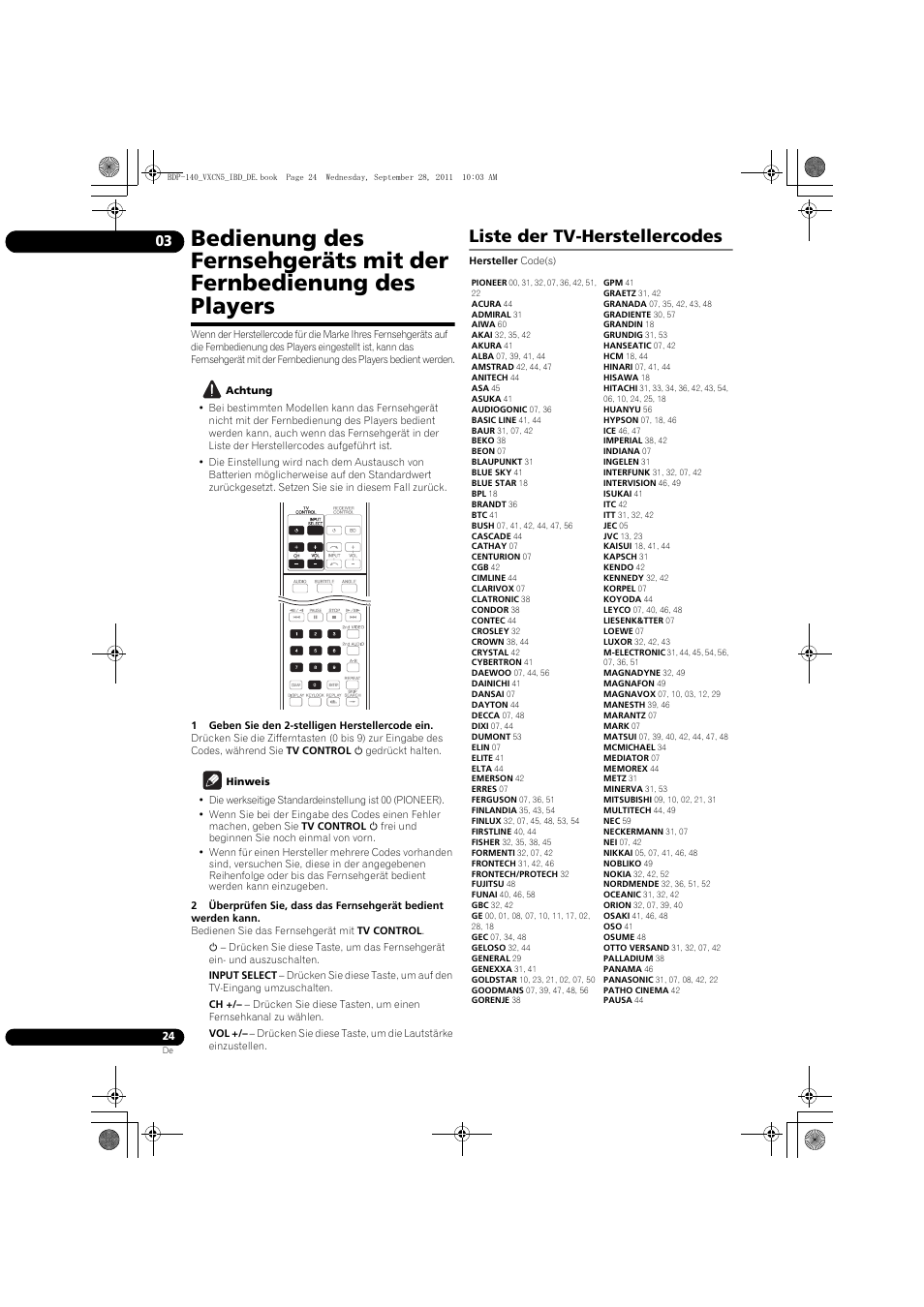 Liste der tv-herstellercodes | Pioneer BDP-140 User Manual | Page 90 / 308