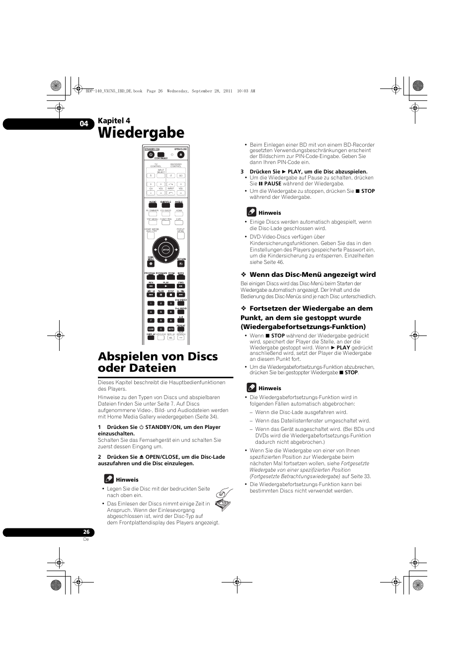 Abspielen von discs oder dateien, Wiedergabe, Kapitel 4 | Pioneer BDP-140 User Manual | Page 92 / 308
