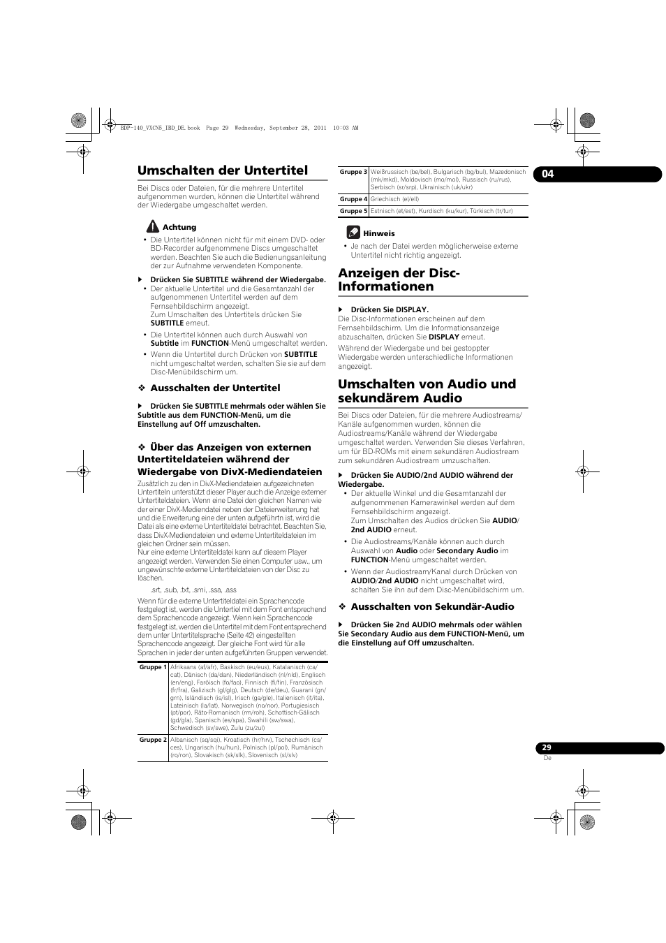 Umschalten der untertitel, Anzeigen der disc- informationen, Umschalten von audio und sekundärem audio | Pioneer BDP-140 User Manual | Page 95 / 308