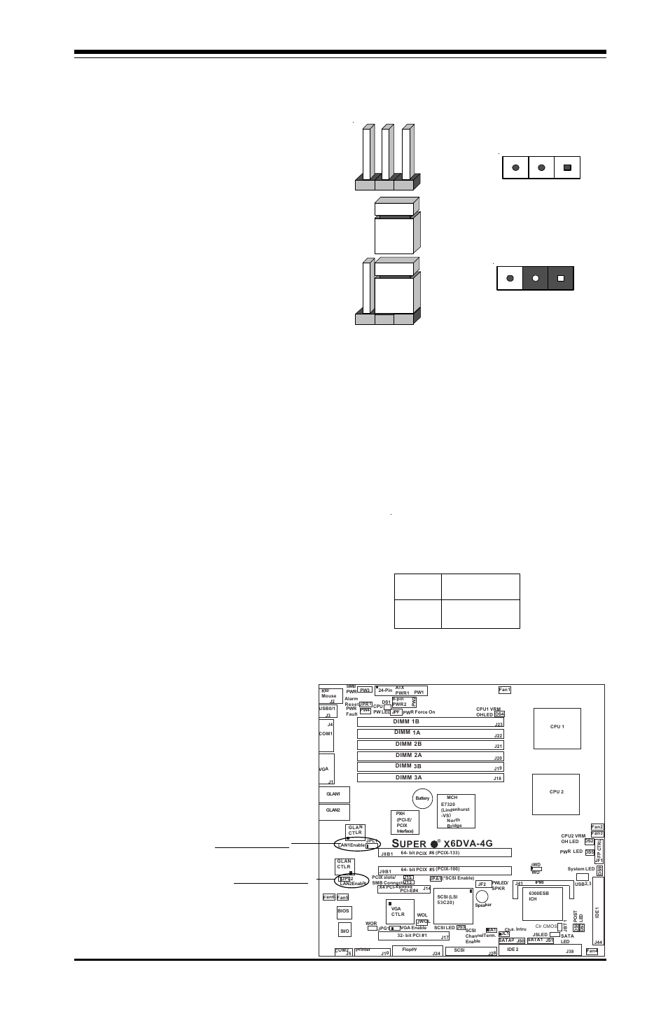 6 jumper settings, Explanation of jumpers, Lan1/lan2 enable/disable | Chapter 2: installation, Pin 1-2 short, Lan1 enable lan2 enable, Connector pins jumper cap setting, Uper x6dva-4g | American Megatrends X6DVA-EG User Manual | Page 39 / 108