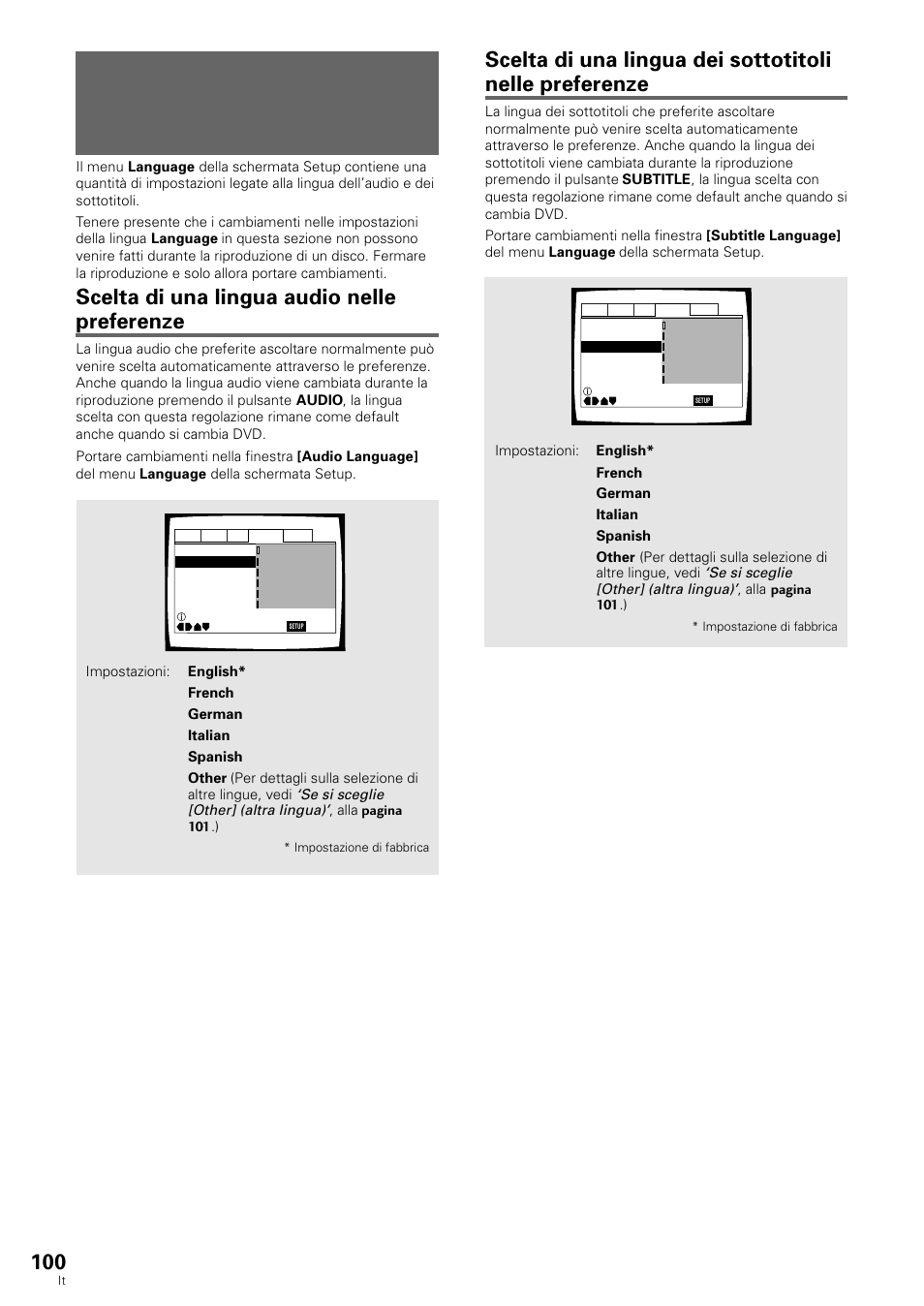 Impostazione delle preferenze per lingua e, Sottotitoli nei menu della schermata setup, Scelta di una lingua audio nelle preferenze | Pioneer DV-636D User Manual | Page 100 / 128