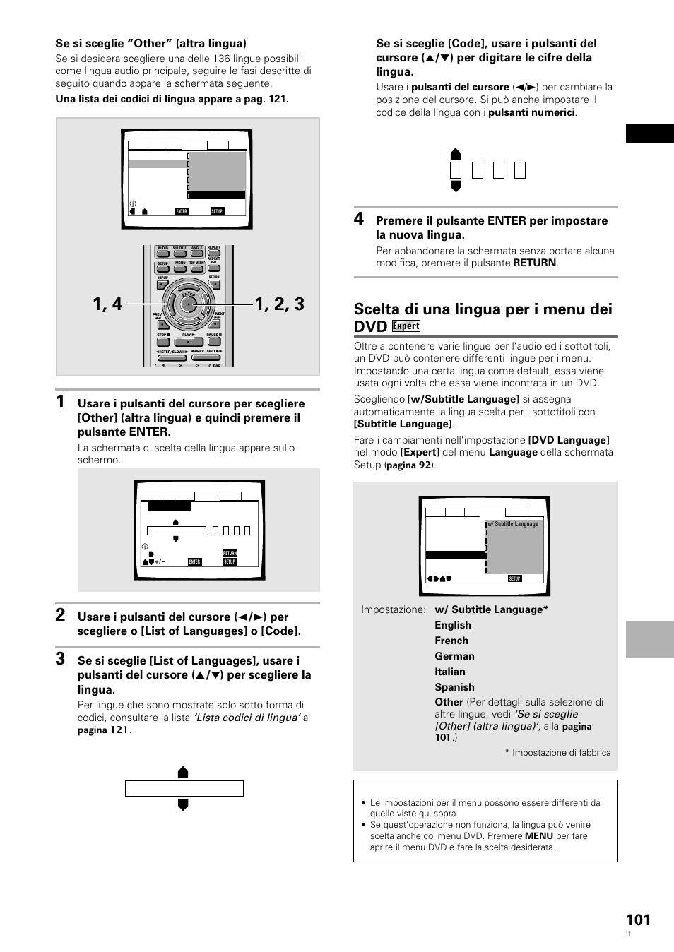 Scelta di una lingua per i menu dei dvd, Italiano, Se si sceglie “other” (altra lingua) | Impost azione delle opzioni di lingua, Lista codici di lingua, Se si sceglie [other] (altra lingua), Apagina 121, Alla pagina 101 .) | Pioneer DV-636D User Manual | Page 101 / 128