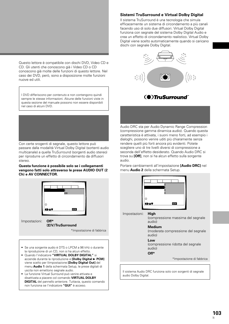 Funzioni avanzate, Come ottenere un effetto di circondamento da, Diffusori stereo | Regolazione della gamma dinamica audio | Pioneer DV-636D User Manual | Page 103 / 128