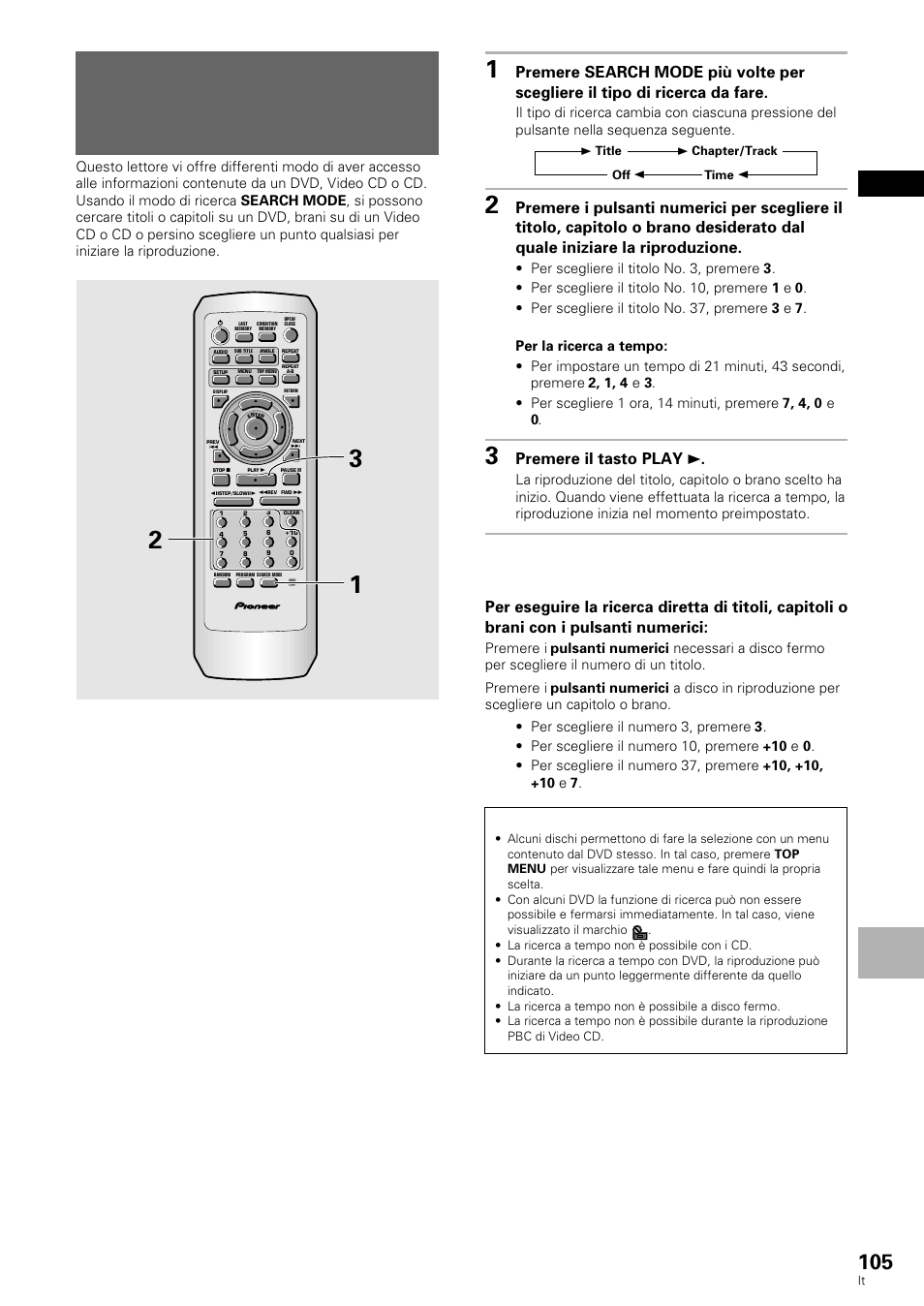 Un disco, Italiano funzioni a vanza te, Dvd/video cd/cd | Premere il tasto play 3 | Pioneer DV-636D User Manual | Page 105 / 128