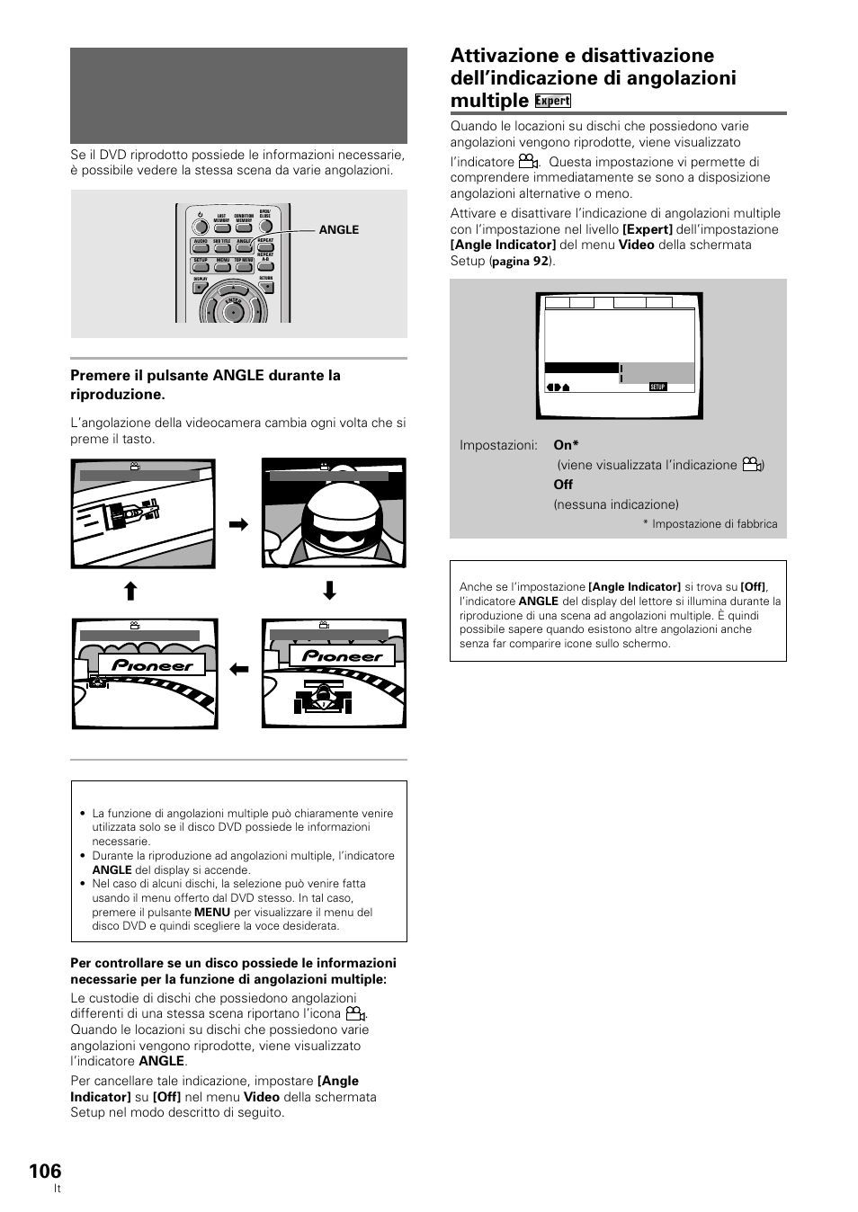 Visione da un’angolazione desiderata (funzione, Angolazioni multiple), Premere il pulsante angle durante la riproduzione | Nota | Pioneer DV-636D User Manual | Page 106 / 128