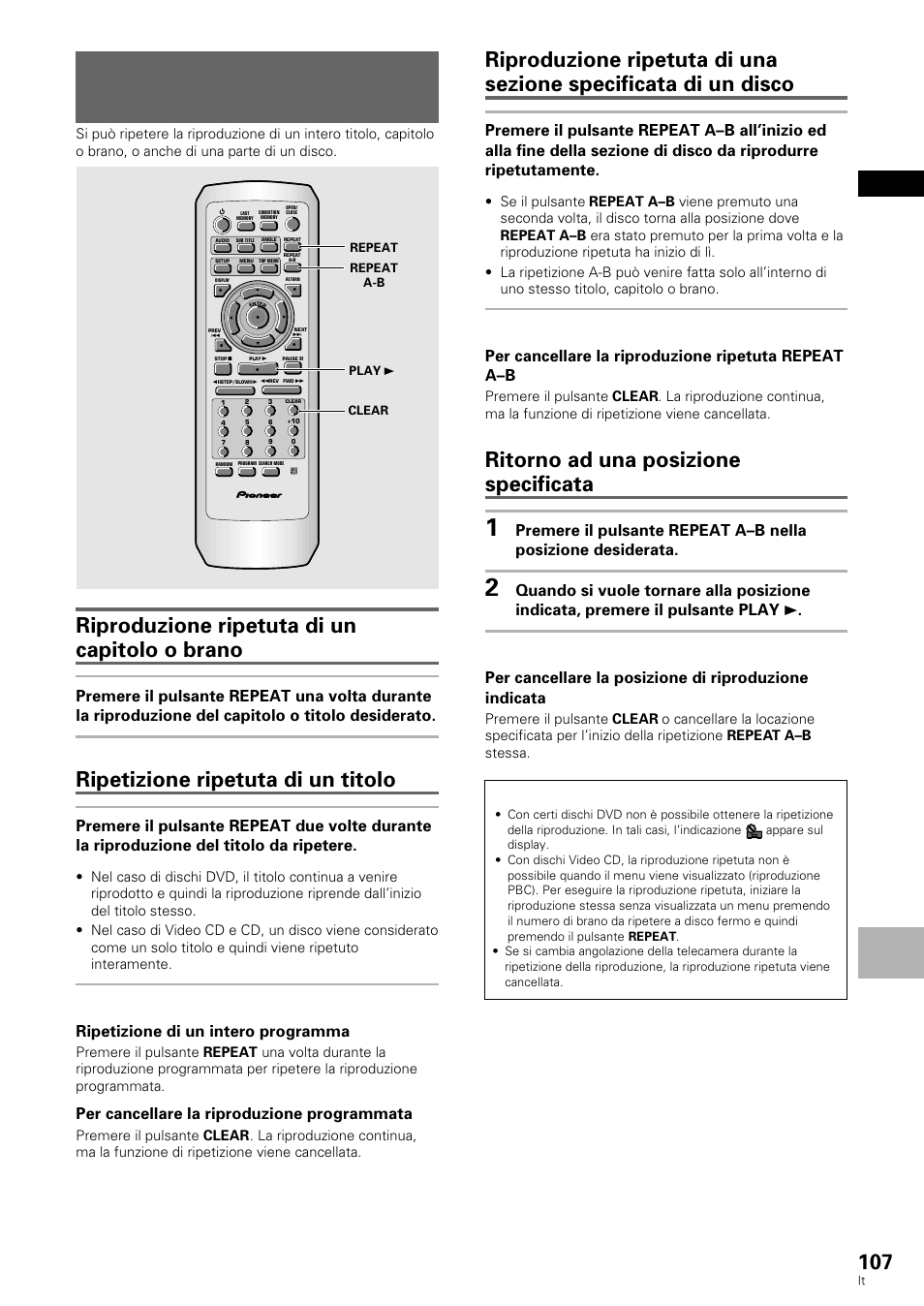 Riproduzione ripetuta, Riproduzione ripetuta di un capitolo o brano, Ripetizione ripetuta di un titolo | Ritorno ad una posizione specificata, Italiano funzioni a vanza te, Dvd/video cd/cd, Ripetizione di un intero programma, Per cancellare la riproduzione programmata, Per cancellare la riproduzione ripetuta repeat a–b | Pioneer DV-636D User Manual | Page 107 / 128