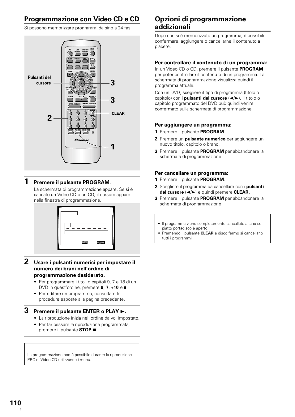Programmazione con video cd e cd, Opzioni di programmazione addizionali, Premere il pulsante program | Premere il pulsante enter o play 3, Dvd/video cd/cd, Per controllare il contenuto di un programma, Per aggiungere un programma, Per cancellare un programma, Pulsanti del cursore | Pioneer DV-636D User Manual | Page 110 / 128