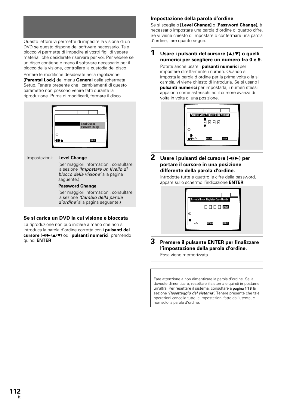 Impostazione del blocco della visione, Impostazione della parola d’ordine, Se si carica un dvd la cui visione è bloccata | Pioneer DV-636D User Manual | Page 112 / 128