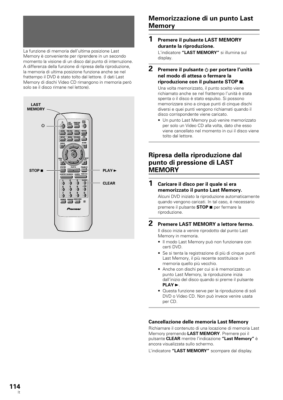 Continuazione della riproduzione da una, Posizione particolare (last memory), Dvd/video cd | Pioneer DV-636D User Manual | Page 114 / 128