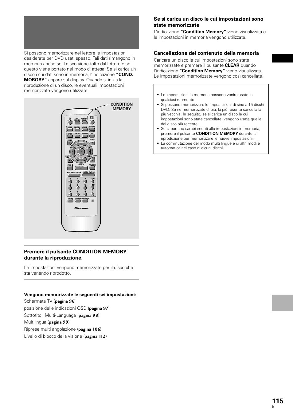 Memorizzazione di impostazioni per dvd visti, Spesso (condition memory), Italiano funzioni a vanza te | Pioneer DV-636D User Manual | Page 115 / 128