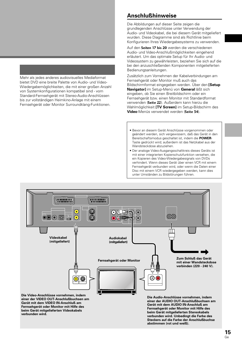 Anschlüsse, Anschließen ihres dvd-spielers, Anschlußhinweise | Deutsch, Bezeichnungen und funktionen / anschlüsse | Pioneer DV-636D User Manual | Page 15 / 128