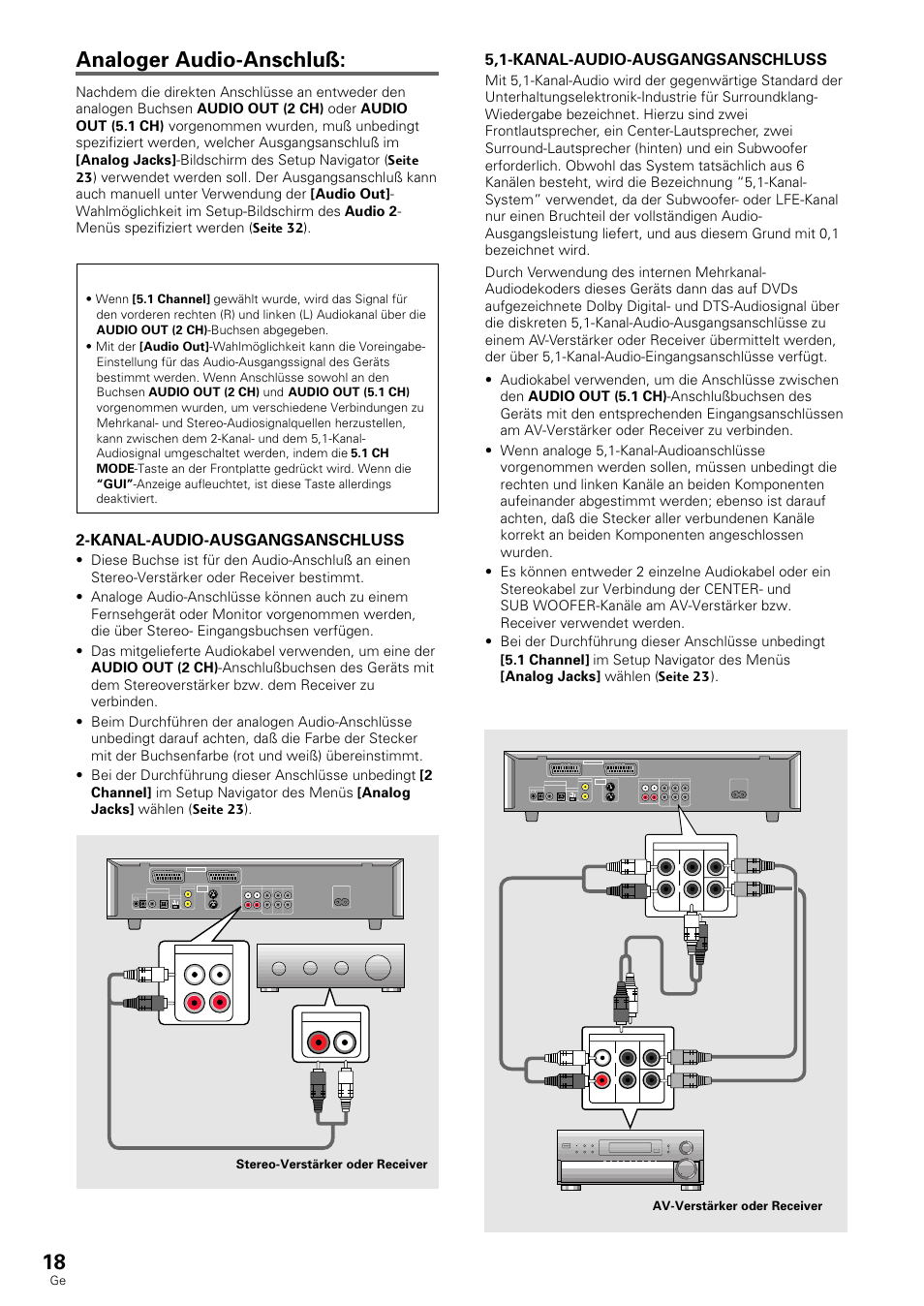 Analoger audio-anschluß, Kanal-audio-ausgangsanschluss, 5,1-kanal-audio-ausgangsanschluss | Ntsc pal auto out in, Front sub woofer center tv system, Surround, Av2 av1 (rgb) -tv, Stereo-verstärker oder receiver, Av-verstärker oder receiver | Pioneer DV-636D User Manual | Page 18 / 128