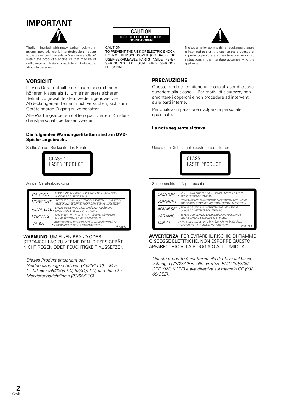 Important, Caution, Precauzione | Vorsicht, Class 1 laser product | Pioneer DV-636D User Manual | Page 2 / 128