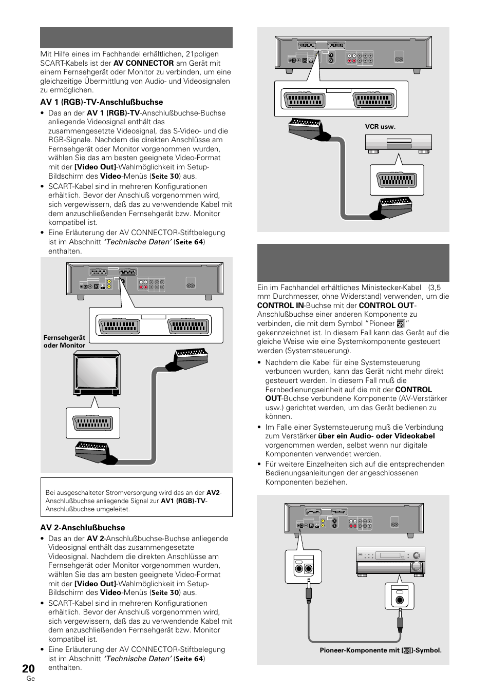 Anschluß am av connector, Anschluß des systemsteuerkabels, Av 1 (rgb)-tv-anschlußbuchse | Technische daten, Av 2-anschlußbuchse, Ntsc pal auto out in, Front sub woofer center tv system, Surround, Av2 av1 (rgb) -tv, Seite 64 ) enthalten. hinweis | Pioneer DV-636D User Manual | Page 20 / 128