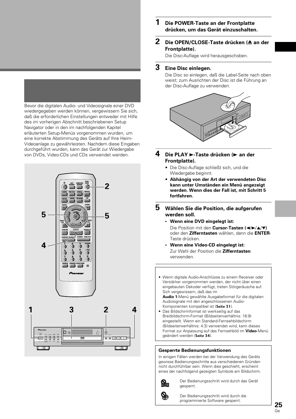 Vorbereitungen zur verwendung des dvd-spielers, Wiedergabe von dvds, video-cds und cds . 25, Wiedergabe von dvds, video- cds und cds | Deutsch, Dvd/video-cd/cd, Eine disc einlegen, Die play 3 -taste drücken ( 3 an der frontplatte) | Pioneer DV-636D User Manual | Page 25 / 128