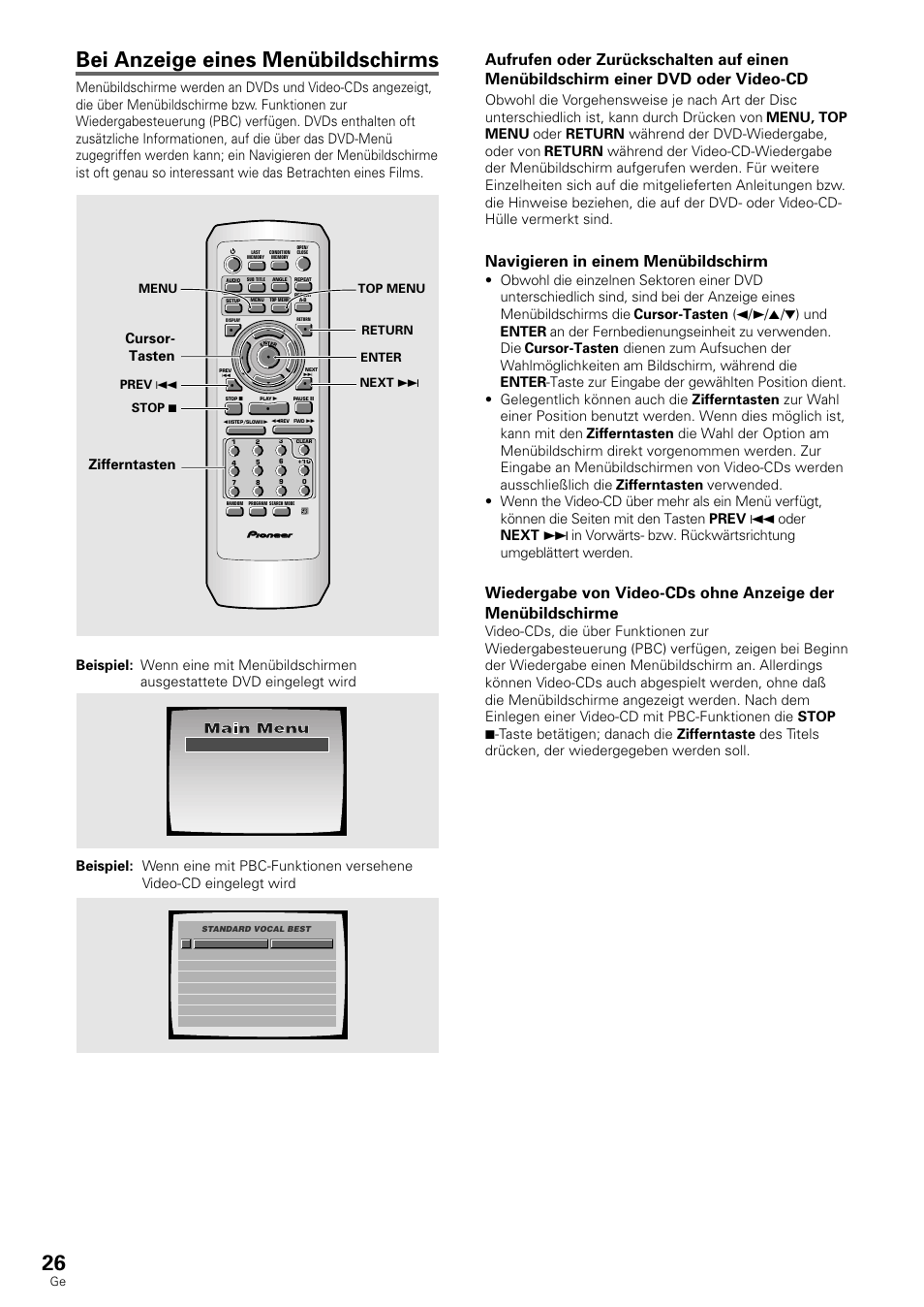 Bei anzeige eines menübildschirms, Navigieren in einem menübildschirm, Cursor- tasten zifferntasten | Menu top menu enter return stop 7 next ¢ prev 4 | Pioneer DV-636D User Manual | Page 26 / 128