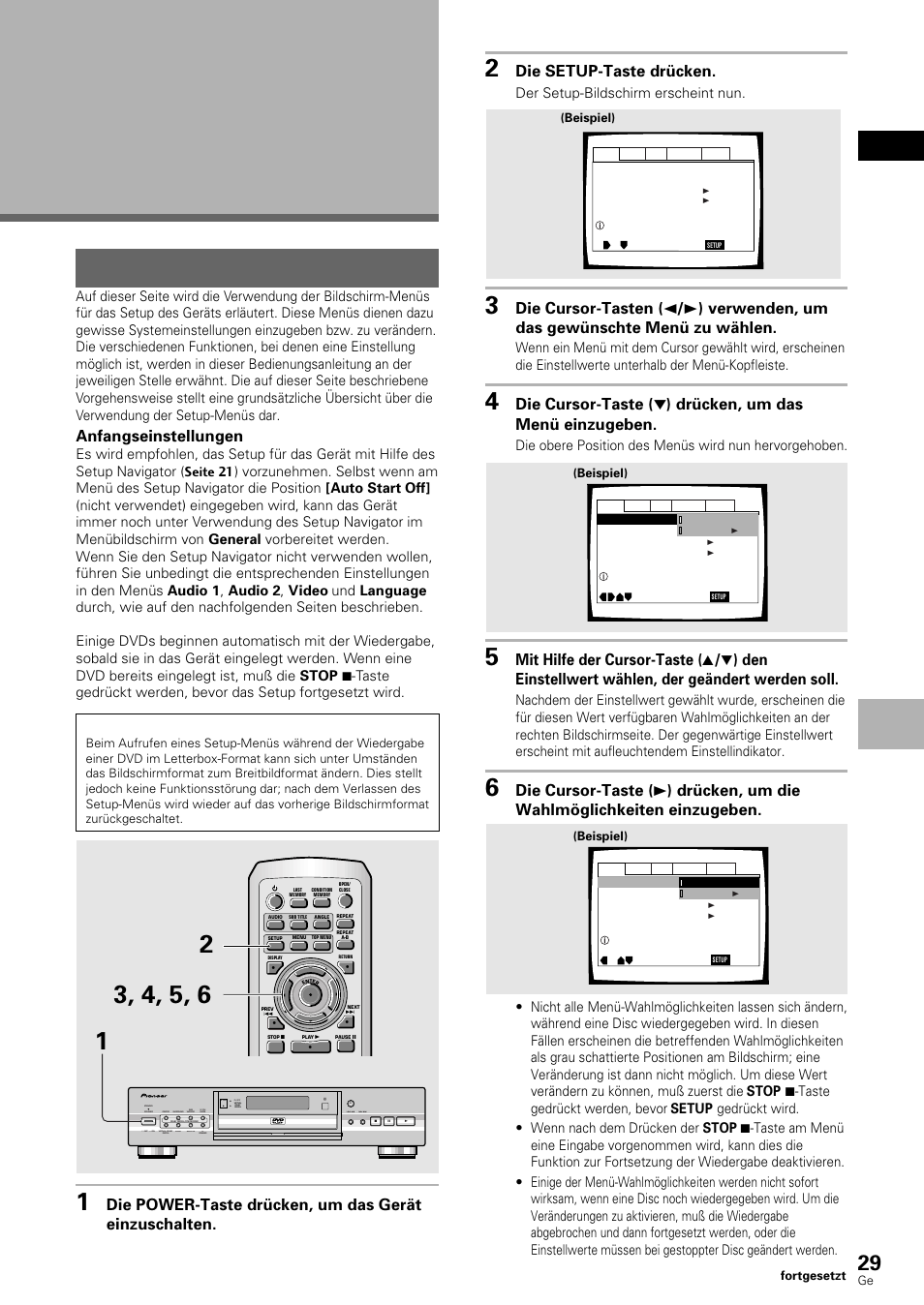 Einstellen von audio- und video- parametern, Verwendung der setup-menüs, Deutsch | Die setup-taste drücken, Anfangseinstellungen | Pioneer DV-636D User Manual | Page 29 / 128