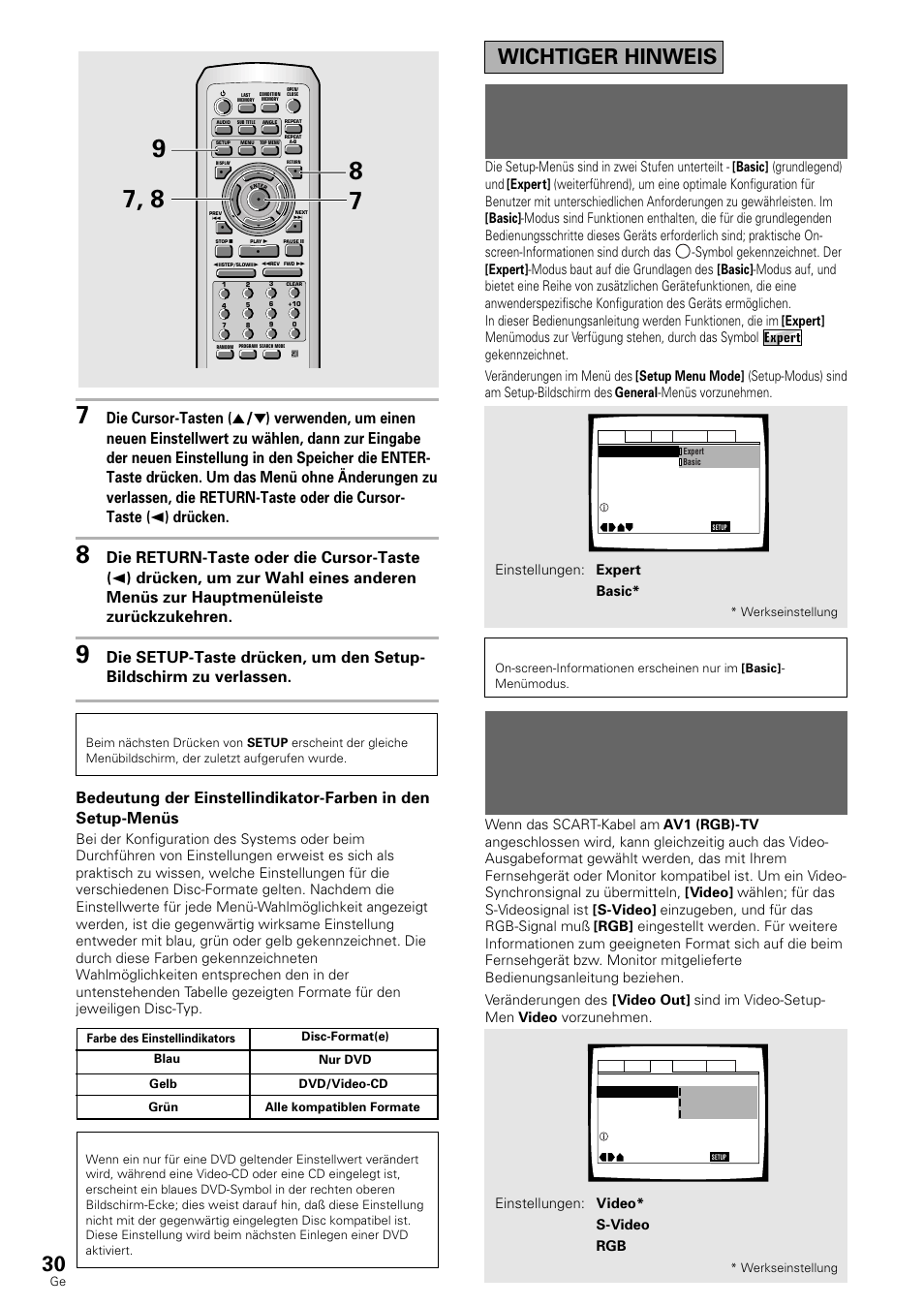 Umschalten auf den setup-menümodus, Expert, Einstellen des video-ausgangsformats für die | Av1 (rgb)-tv-anschlußbuchse, Umschalten auf den setup- menümodus “expert, Wichtiger hinweis, Hinweis | Pioneer DV-636D User Manual | Page 30 / 128