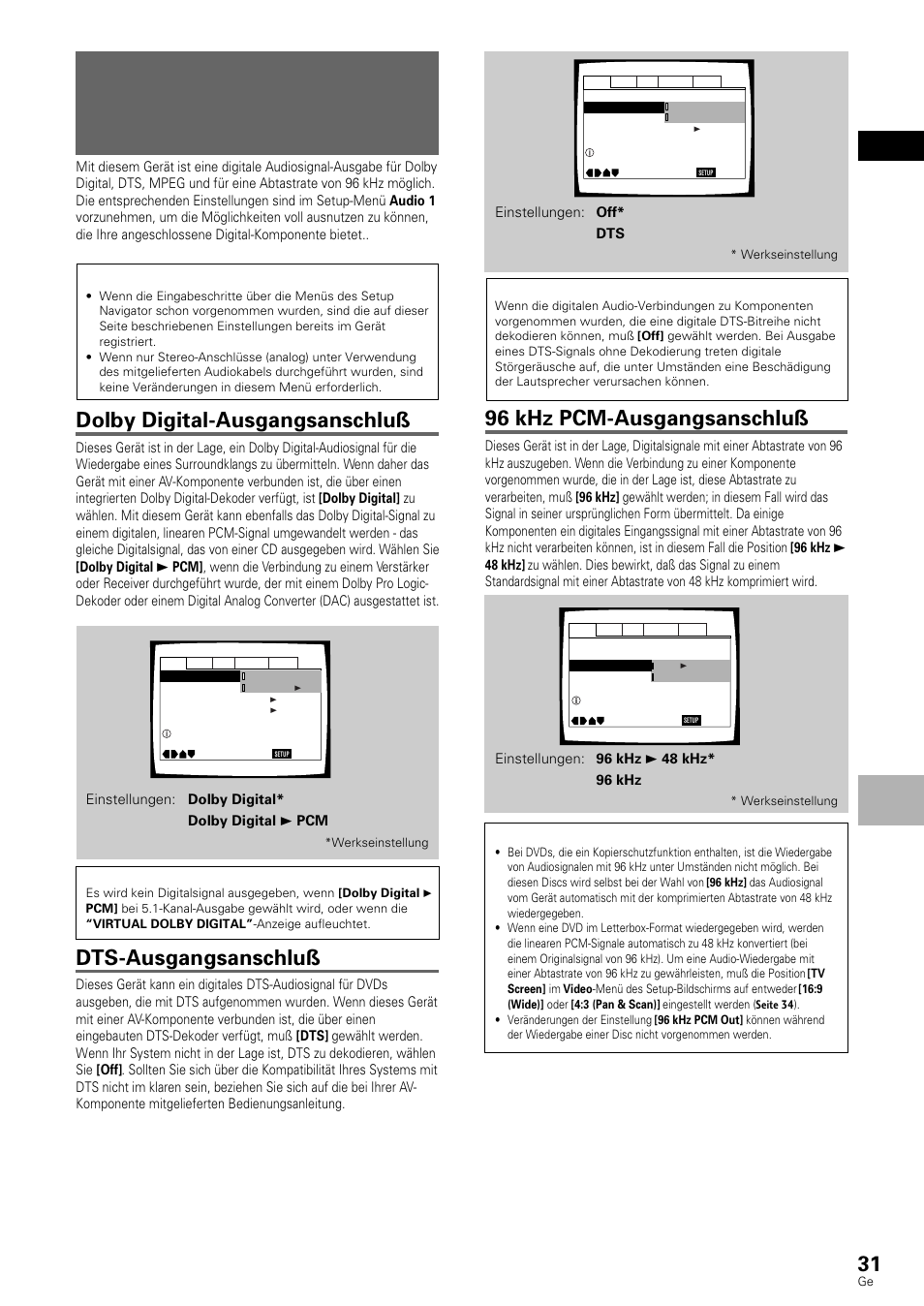 Einstellung des digitalen audio, Dolby digital-ausgangsanschluß, Dts-ausgangsanschluß | 96 khz pcm-ausgangsanschluß, Deutsch, Einstellen von audio- und video-p arametern | Pioneer DV-636D User Manual | Page 31 / 128