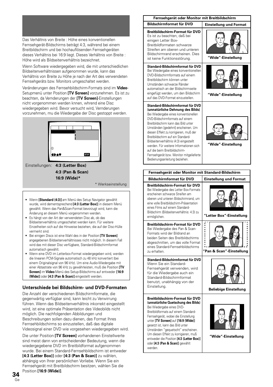 Einstellen des fernsehbildschirm-formats, Unterschiede bei bildschirm- und dvd-formaten | Pioneer DV-636D User Manual | Page 34 / 128