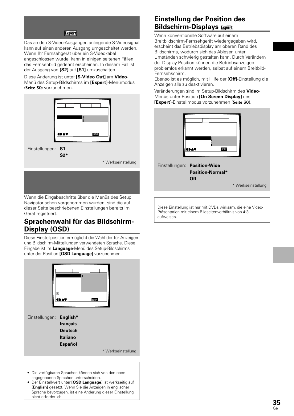 Einstellung des bildschirm- displays (osd), Umschalten des s-video- ausgangs, Sprachenwahl für das bildschirm- display (osd) | Einstellung der position des bildschirm-displays, Deutsch, Einstellen von audio- und video-p arametern | Pioneer DV-636D User Manual | Page 35 / 128