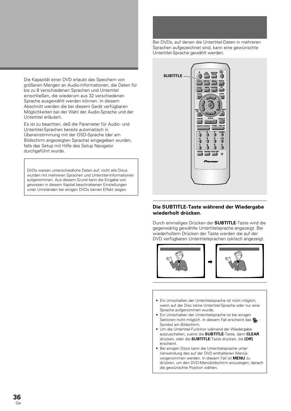 Eingabe der sprachen- wahlmöglichkeiten, Wahl einer untertitelsprache (mehrsprachen, Untertitel) | Subtitle | Pioneer DV-636D User Manual | Page 36 / 128